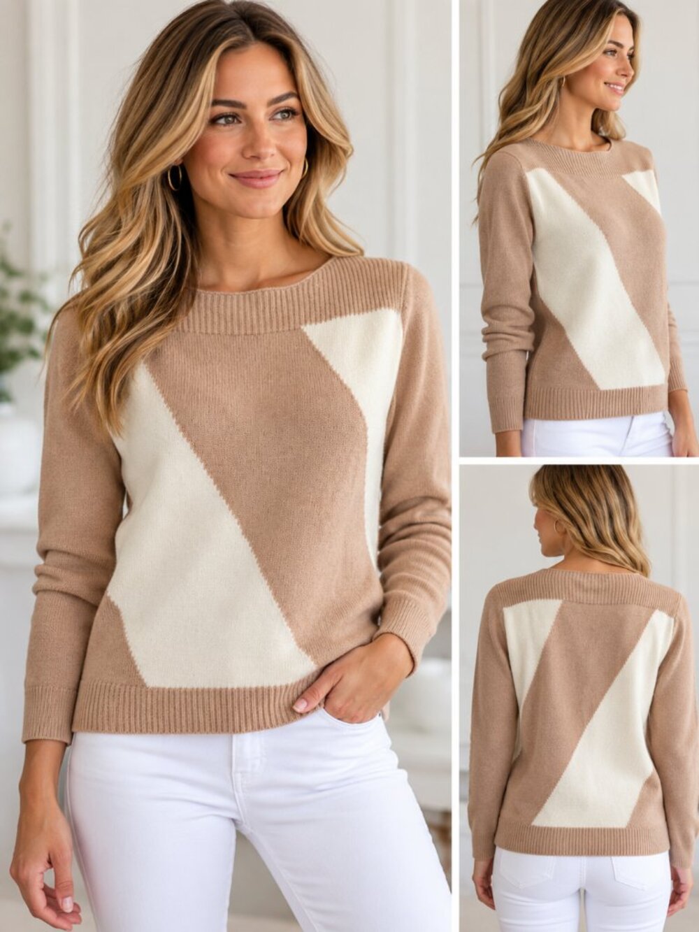 THML Geometric Colorblock Sweater Beige Cream Long Sleeve NWT